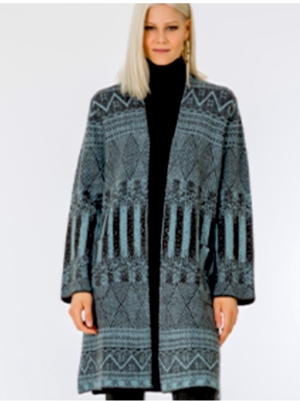 Vertigo París Longline Open Sweater Coat Jacket Patterned Charcoal Blue Office